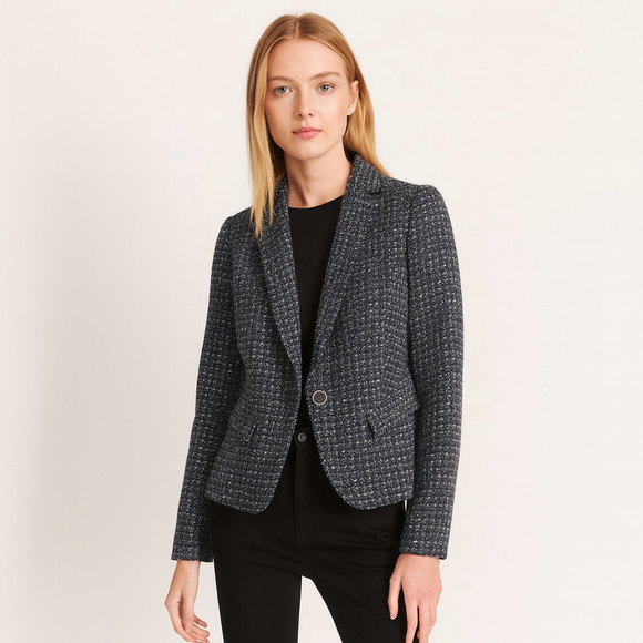 Women's The Limited Navy White Tweed Blazer Size L - Picture 1 of 13